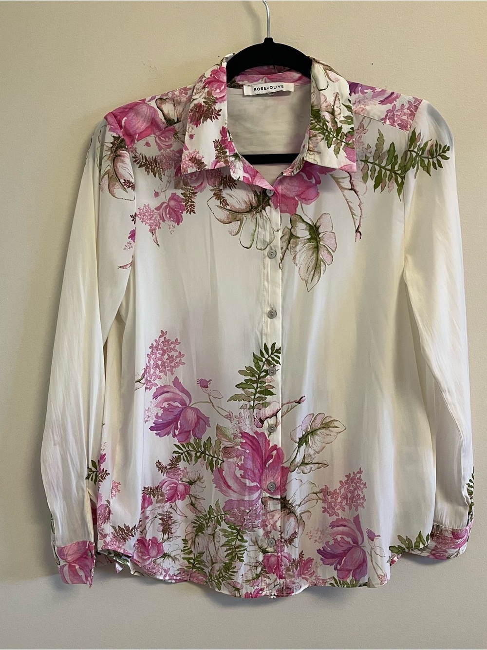 Rose + Olive Fairy Women's White Pink Green Floral Resort Tropical Blouse M